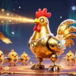 Engage with OPEN88's dynamic casino adventure featuring a golden rooster robot and baby chick drones.