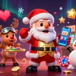 Spin slots with Jai club characters including Santa and a snowman in a vibrant casino scene.