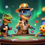 Experience the thrilling action of 78win, with a cunning velociraptor card counter at blackjack amidst vibrant casino arcade elements.