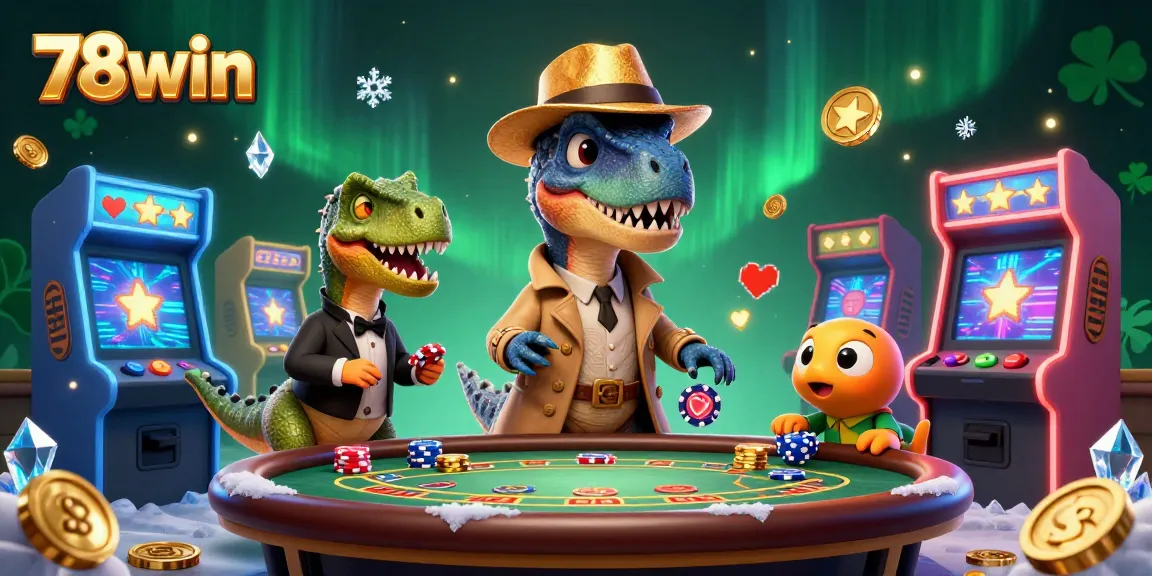 Experience the thrilling action of 78win, with a cunning velociraptor card counter at blackjack amidst vibrant casino arcade elements.