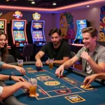 Friends enjoying a lively bandar slot game experience at a casino, showcasing excitement and social interaction.