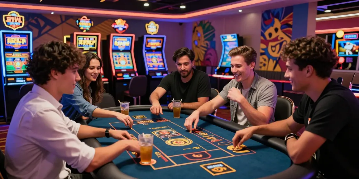 Friends enjoying a lively bandar slot game experience at a casino, showcasing excitement and social interaction.