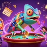 Spin to win with deposit 5000 at Slot Gacor featuring vibrant casino elements and a dynamic chameleon.