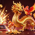 Spin to win at hit club with golden dragon, phoenix, and coins bursting from jackpot slots.