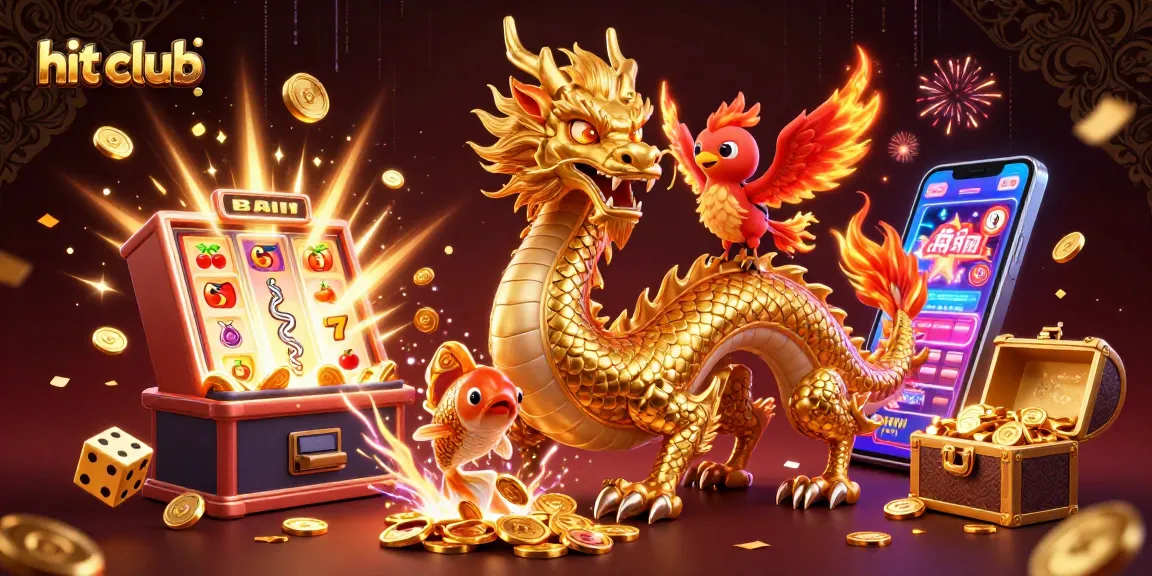 Spin to win at hit club with golden dragon, phoenix, and coins bursting from jackpot slots.