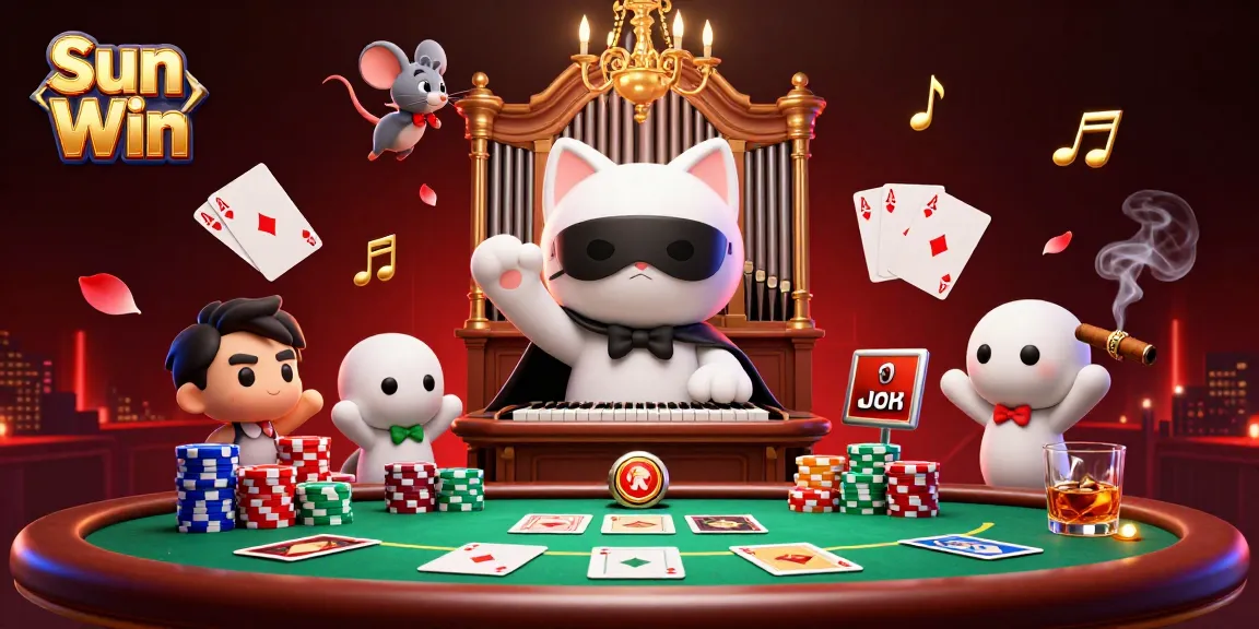 Experience the magic of Sun Win with a vibrant casino scene featuring engaging characters and dynamic poker elements.