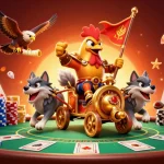 BOM88 brings excitement with a rooster warlord and poker elements in this vibrant casino scene.
