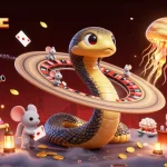 Spin and win at 조이카지노 with vibrant characters and dynamic casino elements in a cosmic setting.