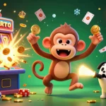 Experience the thrill with sunwin20 featuring a playful monkey juggling golden coins and cards in a bustling casino.