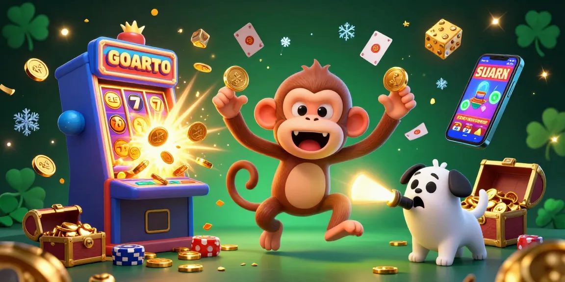 Experience the thrill with sunwin20 featuring a playful monkey juggling golden coins and cards in a bustling casino.