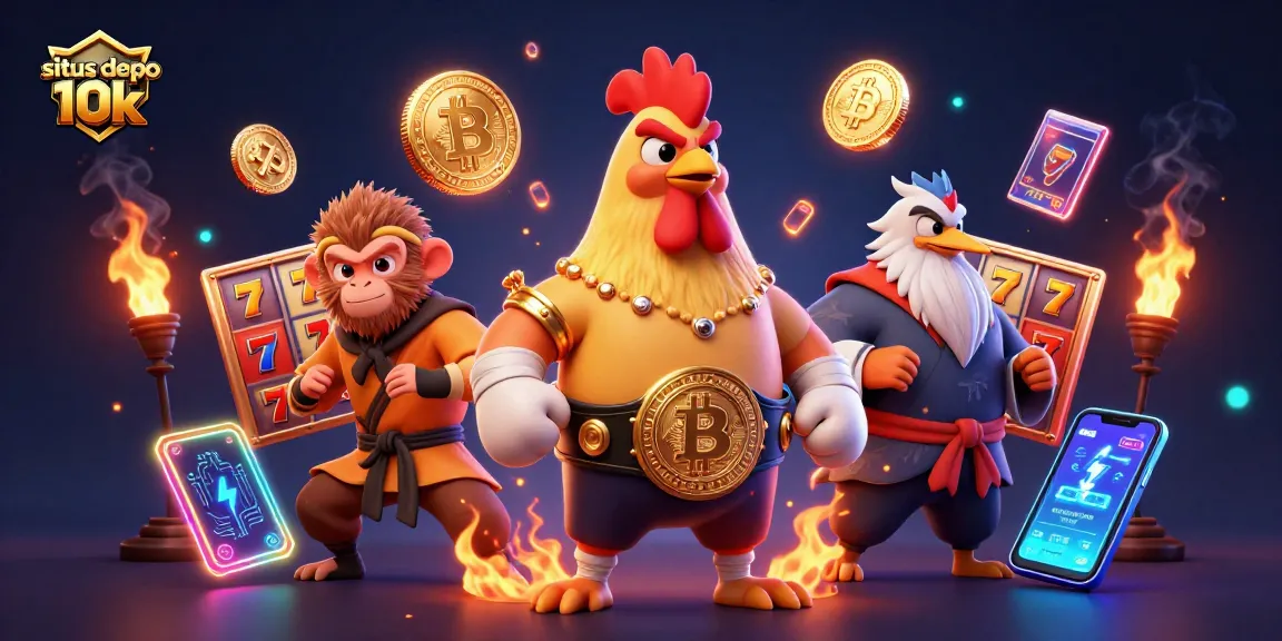 Situs depo 10k showcases players spinning slot machines for big wins in an energetic casino scene.
