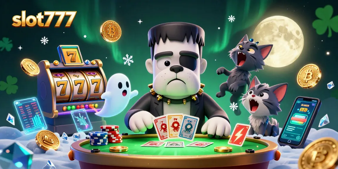 Play slot777 and enjoy thrilling jackpot chances with animated characters at a casino table.