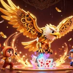 Engage with thrilling gameplay at m88zo, featuring an epic golden eagle amid holographic cards and vibrant casino elements.