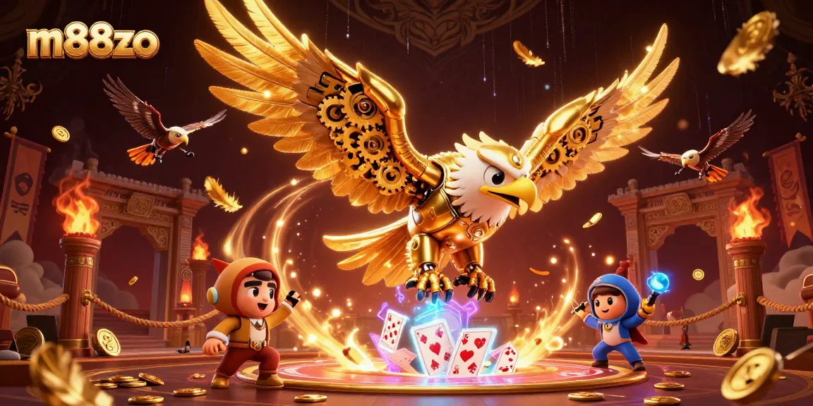 Engage with thrilling gameplay at m88zo, featuring an epic golden eagle amid holographic cards and vibrant casino elements.