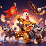 Vérifier coupon Melbet en ligne avec un guerrier coq et une ambiance colorée de casino.
