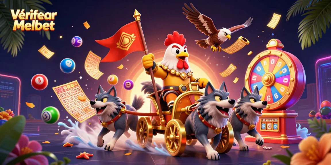 Vérifier coupon Melbet en ligne avec un guerrier coq et une ambiance colorée de casino.