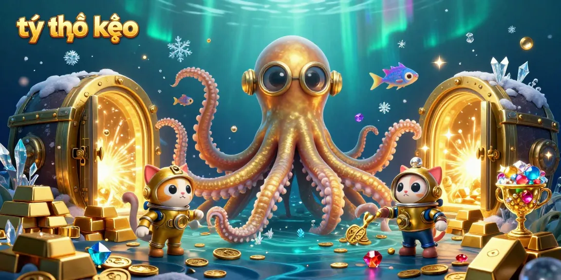 Experience thrilling tỷ lệ kèo excitement with a kraken, diving cat, and treasures in a dynamic casino scene.