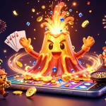 Experience the thrill of 1x bet with a golden volcano erupting treasure in this vibrant illustration.