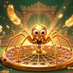 Place bets confidently at toto123 with a gold spider spinning a roulette web.