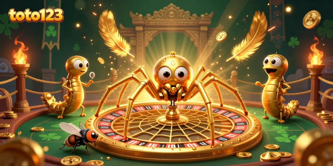 Place bets confidently at toto123 with a gold spider spinning a roulette web.