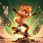Watch the NOHU-themed fox skateboarder and rabbit performing tricks amid vibrant casino visuals.