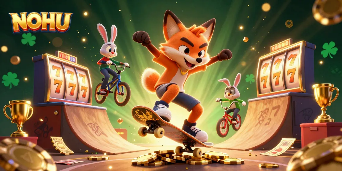 Watch the NOHU-themed fox skateboarder and rabbit performing tricks amid vibrant casino visuals.