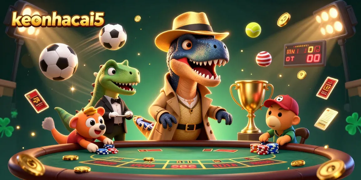 Place bets on keonhacai5 as a cartoon velociraptor plays blackjack while a stegosaurus observes.