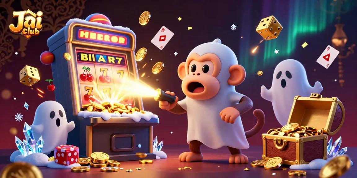 Experience thrilling gameplay at Jai club with a playful ghost-hunter puppy and mischievous monkey in a vibrant casino scene.
