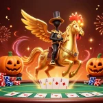 Xocdia88i's golden rooster headless horseman in a lively casino, showcasing winning poker hands and vibrant decorations.