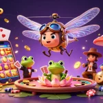 Engage with ombaktoto's vibrant slot experience featuring animated dragonfly pilots and card-dealing frogs.