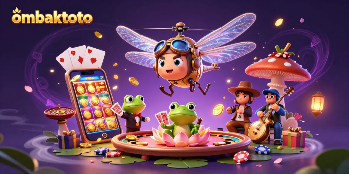 Engage with ombaktoto's vibrant slot experience featuring animated dragonfly pilots and card-dealing frogs.