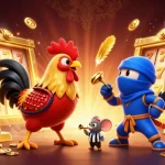 Experience thrill with slot bonus along twin fighting roosters in a dazzling casino theme scene.
