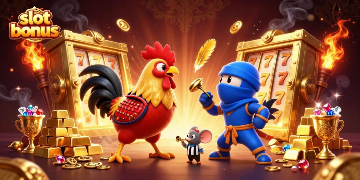 Experience thrill with slot bonus along twin fighting roosters in a dazzling casino theme scene.