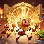Cổng game bài đổi thưởng Sunwin showcases ants' daring heist for a giant poker chip amid jewels and treasure.