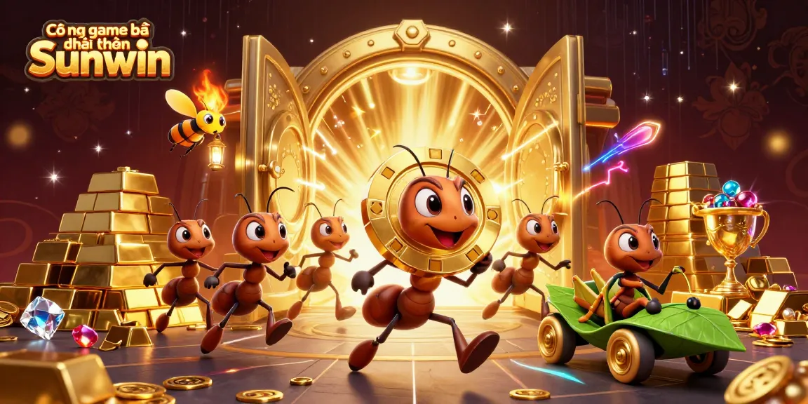 Cổng game bài đổi thưởng Sunwin showcases ants' daring heist for a giant poker chip amid jewels and treasure.