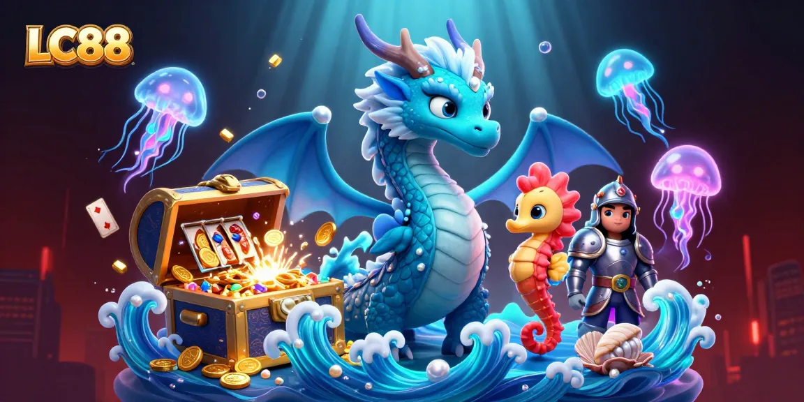 Experience thrilling slots at LC88 with vibrant characters and explosive treasure in this immersive 3D illustration.