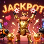 Slot88 gacor menampilkan karakter kumbang bersenjata dengan elemen kasino dan jackpot.