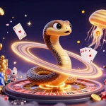 Bet on slot 4D with a dynamic 3D casino scene highlighting playful cosmic characters.