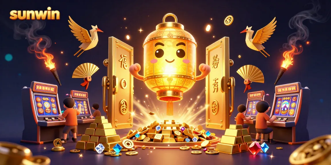 Play exciting games at sunwin with a vibrant scene featuring golden lanterns and casino treasures.