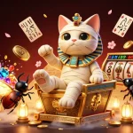 Experience winning strategies at 텐텐벳 with a vibrant illustration of an Egyptian mummy cat in a dynamic casino scene.