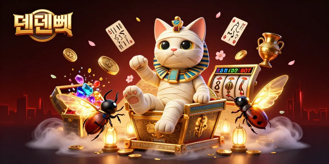 Experience winning strategies at 텐텐벳 with a vibrant illustration of an Egyptian mummy cat in a dynamic casino scene.