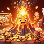 Experience thrilling wins at Raybet with a volcano erupting coins and vibrant slot symbols.
