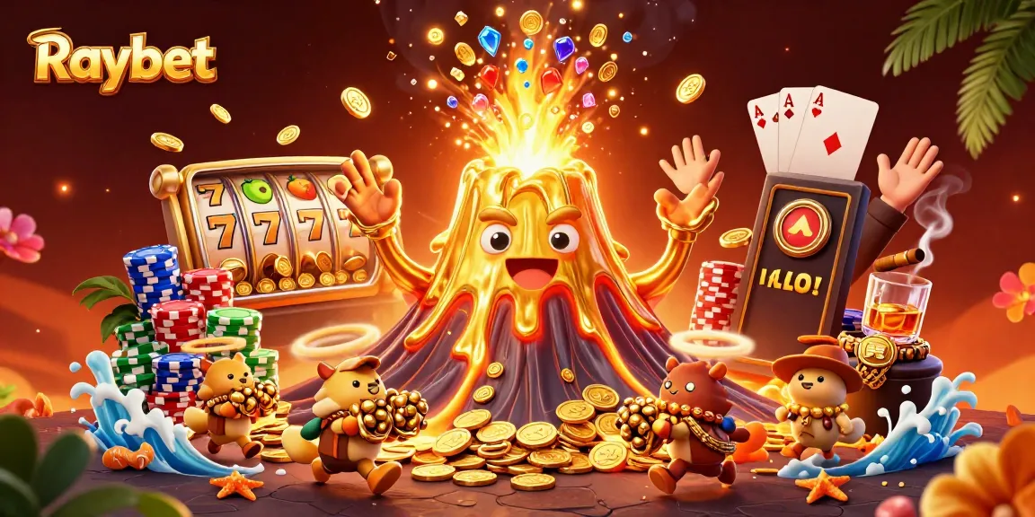 Experience thrilling wins at Raybet with a volcano erupting coins and vibrant slot symbols.