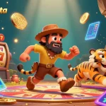Experience thrilling slots at vitrinedacosta alongside a clever crow and sabertooth tiger in a vivid casino scene.