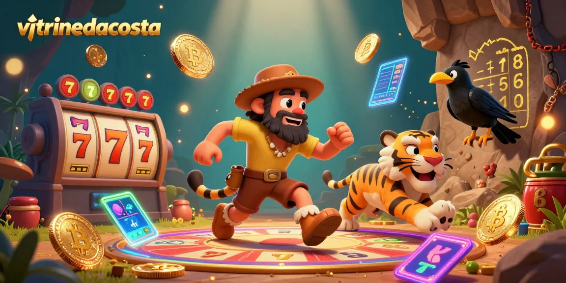 Experience thrilling slots at vitrinedacosta alongside a clever crow and sabertooth tiger in a vivid casino scene.