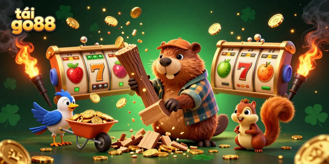 Spin to win at tải go88 with a vibrant 3D illustration of a cheerful scene featuring a beaver and friends.