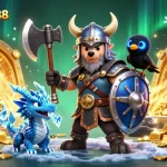 Experience thrilling action at nhacaiuytin88 in this dynamic 3D illustration featuring a Viking wolf warrior with a dragon amidst treasures.