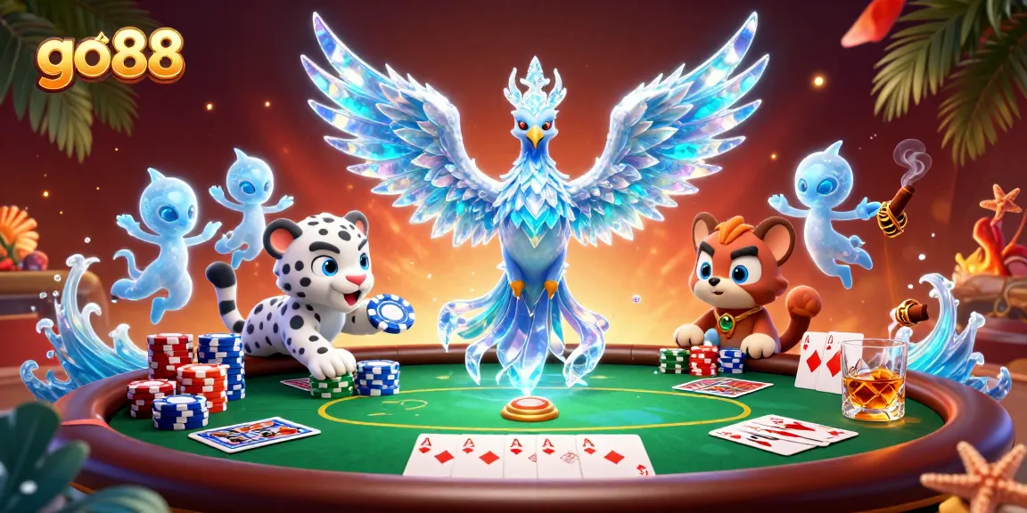 Experience the excitement of go88 with a vibrant 3D illustration featuring poker elements and enchanting characters.