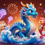 Experience bigpot88 thrills with an azure dragon and a seahorse knight amidst glowing casino elements.