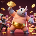 Win88 brings thrilling excitement with a rhinoceros beetle champion in a dynamic casino scene.